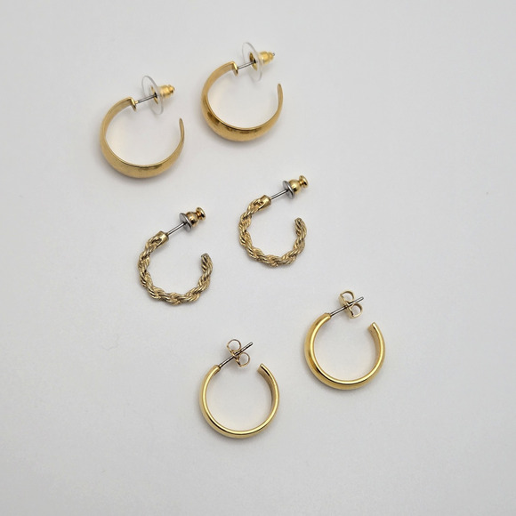 Hoop Earrings Goldtone Classic Minimalist Capsule Dainty Pierced Lot of 3 Pairs - Picture 2 of 11